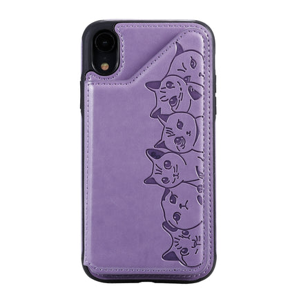 For iPhone XR Six Cats Embossing Pattern Protective Case with Holder & Card Slots & Photo Frame(Purple)-garmade.com