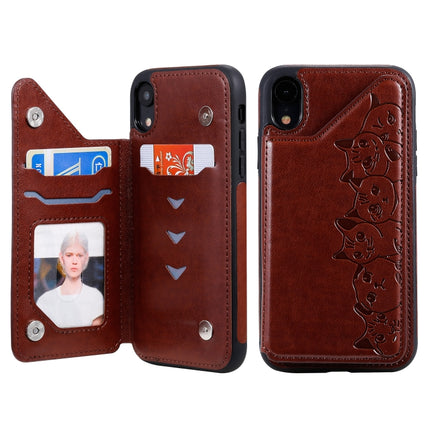 For iPhone XR Six Cats Embossing Pattern Protective Case with Holder & Card Slots & Photo Frame(Brown)-garmade.com