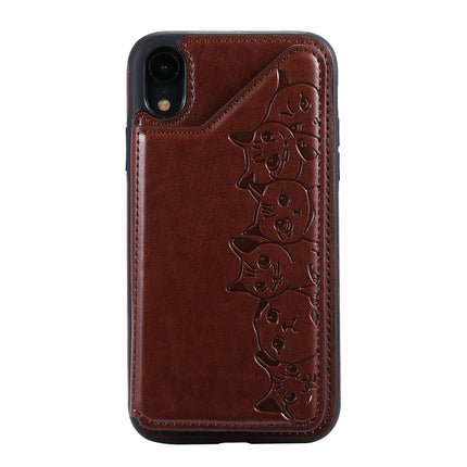 For iPhone XR Six Cats Embossing Pattern Protective Case with Holder & Card Slots & Photo Frame(Brown)-garmade.com