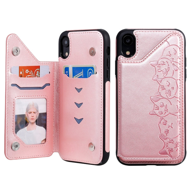 For iPhone XR Six Cats Embossing Pattern Protective Case with Holder & Card Slots & Photo Frame(Rose Gold)-garmade.com