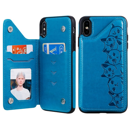 For iPhone XS Max Six Cats Embossing Pattern Protective Case with Holder & Card Slots & Photo Frame(Blue)-garmade.com