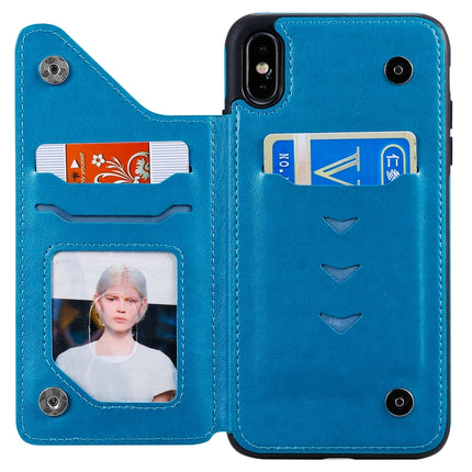 For iPhone XS Max Six Cats Embossing Pattern Protective Case with Holder & Card Slots & Photo Frame(Blue)-garmade.com