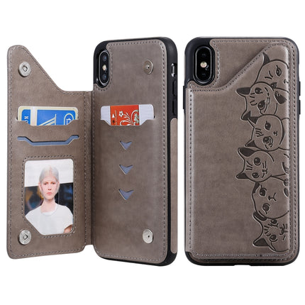 For iPhone XS Max Six Cats Embossing Pattern Protective Case with Holder & Card Slots & Photo Frame(Grey)-garmade.com