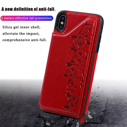 For iPhone XS Max Six Cats Embossing Pattern Protective Case with Holder & Card Slots & Photo Frame(Red)-garmade.com