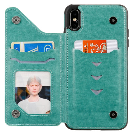 For iPhone XS Max Six Cats Embossing Pattern Protective Case with Holder & Card Slots & Photo Frame(Green)-garmade.com