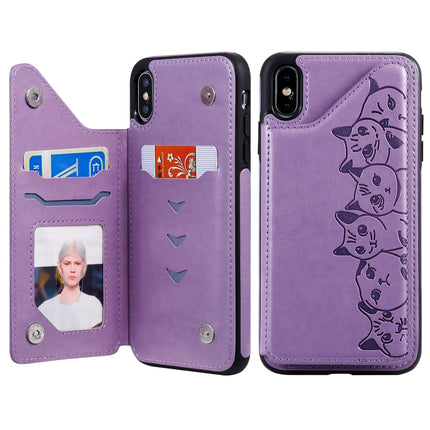 For iPhone XS Max Six Cats Embossing Pattern Protective Case with Holder & Card Slots & Photo Frame(Purple)-garmade.com