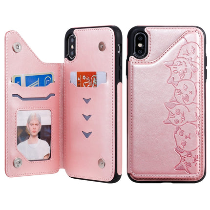 For iPhone XS Max Six Cats Embossing Pattern Protective Case with Holder & Card Slots & Photo Frame(Rose Gold)-garmade.com