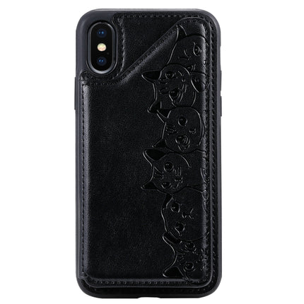 For iPhone XS Six Cats Embossing Pattern Protective Case with Holder & Card Slots & Photo Frame(Black)-garmade.com