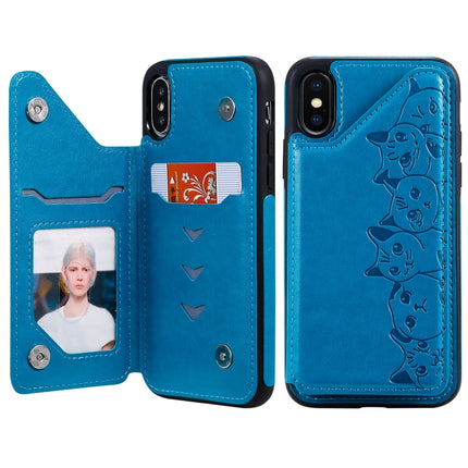 For iPhone XS Six Cats Embossing Pattern Protective Case with Holder & Card Slots & Photo Frame(Blue)-garmade.com