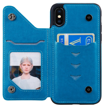 For iPhone XS Six Cats Embossing Pattern Protective Case with Holder & Card Slots & Photo Frame(Blue)-garmade.com