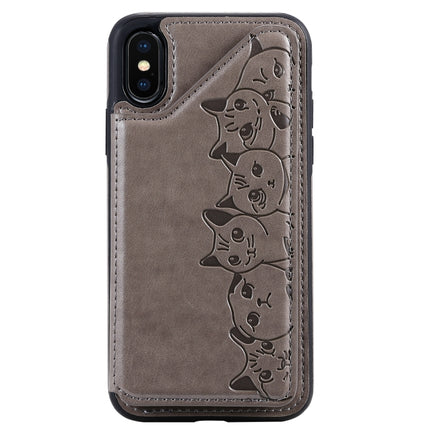 For iPhone XS Six Cats Embossing Pattern Protective Case with Holder & Card Slots & Photo Frame(Grey)-garmade.com