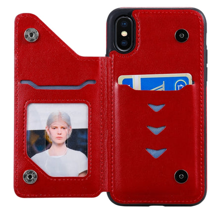 For iPhone XS Six Cats Embossing Pattern Protective Case with Holder & Card Slots & Photo Frame(Red)-garmade.com