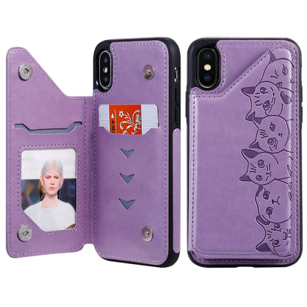 For iPhone XS Six Cats Embossing Pattern Protective Case with Holder & Card Slots & Photo Frame(Purple)-garmade.com