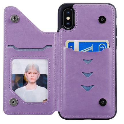 For iPhone XS Six Cats Embossing Pattern Protective Case with Holder & Card Slots & Photo Frame(Purple)-garmade.com