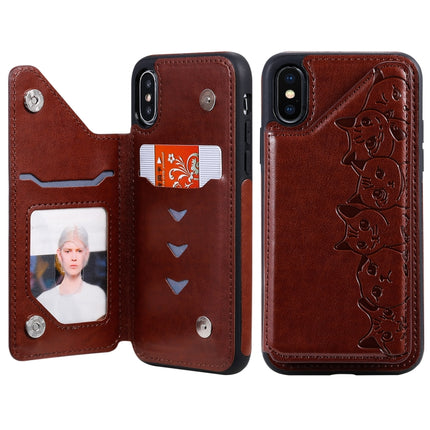 For iPhone XS Six Cats Embossing Pattern Protective Case with Holder & Card Slots & Photo Frame(Brown)-garmade.com