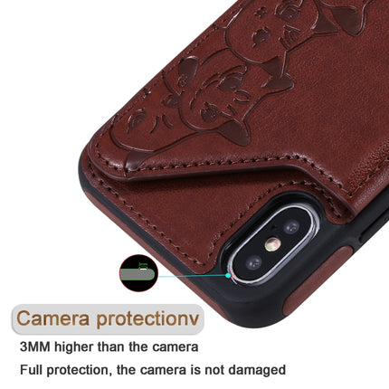 For iPhone XS Six Cats Embossing Pattern Protective Case with Holder & Card Slots & Photo Frame(Brown)-garmade.com