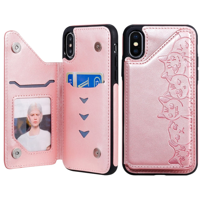 For iPhone XS Six Cats Embossing Pattern Protective Case with Holder & Card Slots & Photo Frame(Rose Gold)-garmade.com