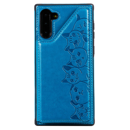 For Galaxy Note 10 Six Cats Embossing Pattern Protective Case with Holder & Card Slots & Photo Frame(Blue)-garmade.com