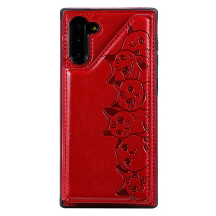For Galaxy Note 10 Six Cats Embossing Pattern Protective Case with Holder & Card Slots & Photo Frame(Red)-garmade.com