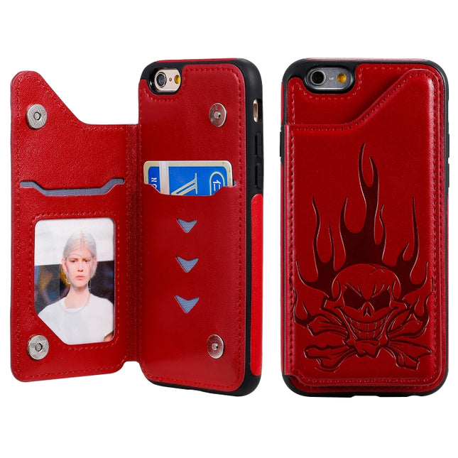 For iPhone 6s / 6 Skull Head Embossing Pattern Shockproof Protective Case with Holder & Card Slots & Wallet(Red)-garmade.com