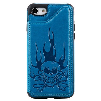 For iPhone SE 2020 / 8 / 7 Skull Head Embossing Pattern Shockproof Protective Case with Holder & Card Slots & Wallet(Blue)-garmade.com