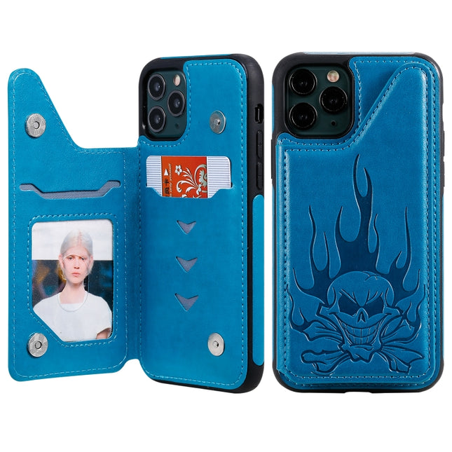 For iPhone 11 Pro Skull Head Embossing Pattern Shockproof Protective Case with Holder & Card Slots & Wallet(Blue)-garmade.com