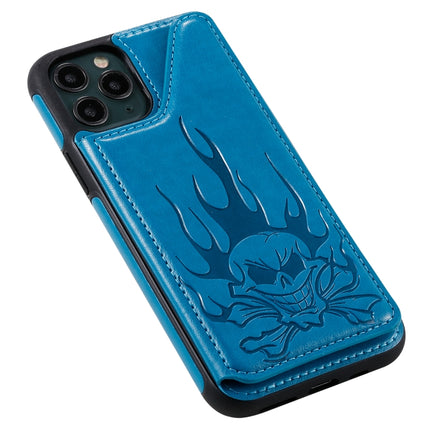 For iPhone 11 Pro Skull Head Embossing Pattern Shockproof Protective Case with Holder & Card Slots & Wallet(Blue)-garmade.com