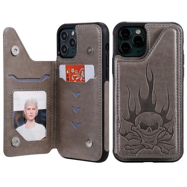 For iPhone 11 Pro Skull Head Embossing Pattern Shockproof Protective Case with Holder & Card Slots & Wallet(Grey)-garmade.com