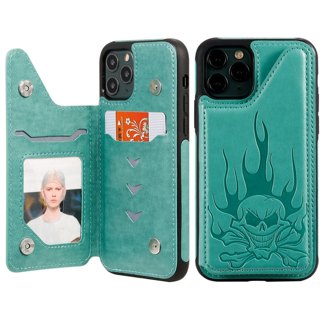 For iPhone 11 Pro Skull Head Embossing Pattern Shockproof Protective Case with Holder & Card Slots & Wallet(Green)-garmade.com