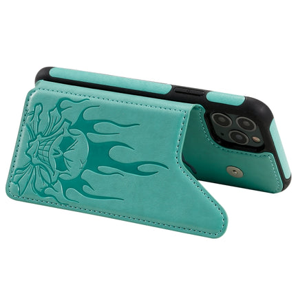 For iPhone 11 Pro Skull Head Embossing Pattern Shockproof Protective Case with Holder & Card Slots & Wallet(Green)-garmade.com