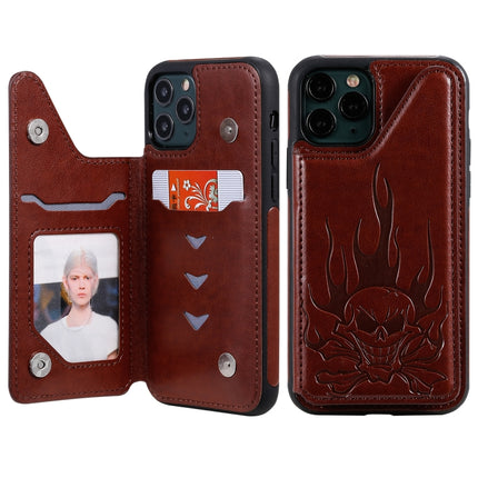 For iPhone 11 Pro Skull Head Embossing Pattern Shockproof Protective Case with Holder & Card Slots & Wallet(Brown)-garmade.com