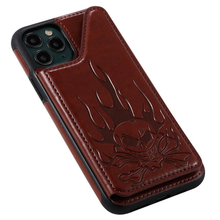 For iPhone 11 Pro Skull Head Embossing Pattern Shockproof Protective Case with Holder & Card Slots & Wallet(Brown)-garmade.com