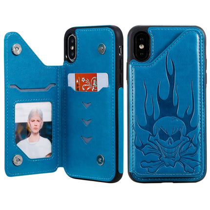 For iPhone XS / X Skull Head Embossing Pattern Shockproof Protective Case with Holder & Card Slots & Wallet(Blue)-garmade.com