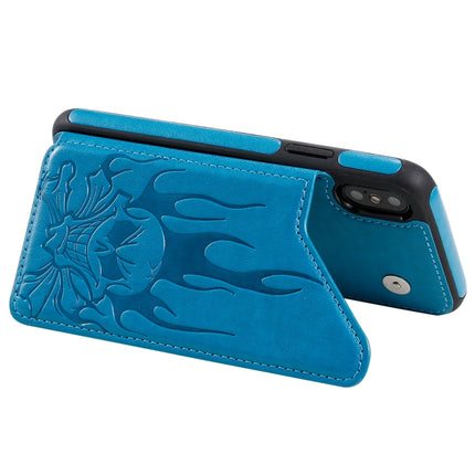 For iPhone XS / X Skull Head Embossing Pattern Shockproof Protective Case with Holder & Card Slots & Wallet(Blue)-garmade.com