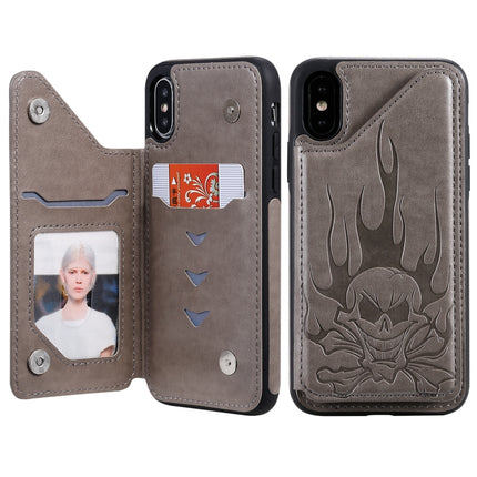 For iPhone XS / X Skull Head Embossing Pattern Shockproof Protective Case with Holder & Card Slots & Wallet(Grey)-garmade.com