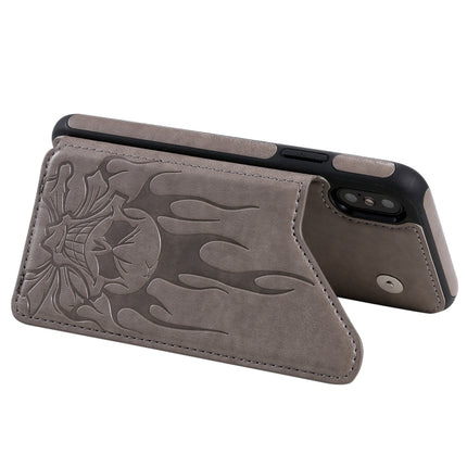 For iPhone XS / X Skull Head Embossing Pattern Shockproof Protective Case with Holder & Card Slots & Wallet(Grey)-garmade.com