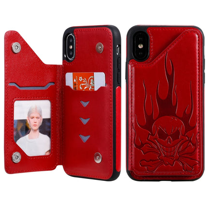 For iPhone XS / X Skull Head Embossing Pattern Shockproof Protective Case with Holder & Card Slots & Wallet(Red)-garmade.com