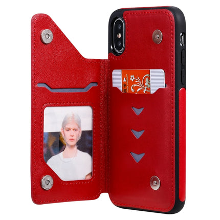For iPhone XS / X Skull Head Embossing Pattern Shockproof Protective Case with Holder & Card Slots & Wallet(Red)-garmade.com