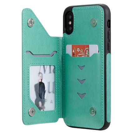 For iPhone XS / X Skull Head Embossing Pattern Shockproof Protective Case with Holder & Card Slots & Wallet(Green)-garmade.com