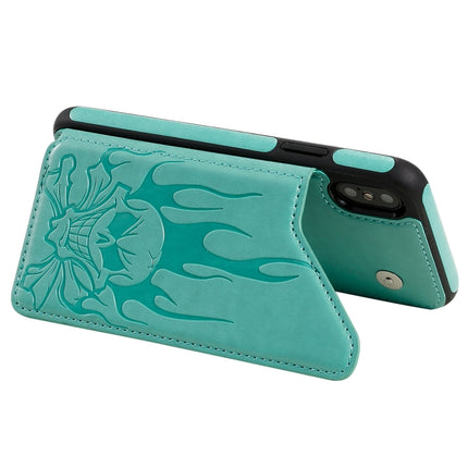 For iPhone XS / X Skull Head Embossing Pattern Shockproof Protective Case with Holder & Card Slots & Wallet(Green)-garmade.com