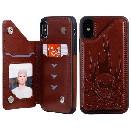 For iPhone XS / X Skull Head Embossing Pattern Shockproof Protective Case with Holder & Card Slots & Wallet(Brown)-garmade.com