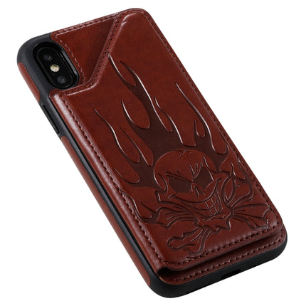 For iPhone XS / X Skull Head Embossing Pattern Shockproof Protective Case with Holder & Card Slots & Wallet(Brown)-garmade.com