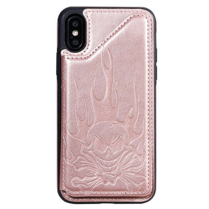 For iPhone XS / X Skull Head Embossing Pattern Shockproof Protective Case with Holder & Card Slots & Wallet(Rose Gold)-garmade.com
