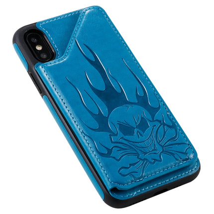 For iPhone XS Max Skull Head Embossing Pattern Shockproof Protective Case with Holder & Card Slots & Wallet(Blue)-garmade.com
