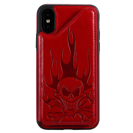 For iPhone XS Max Skull Head Embossing Pattern Shockproof Protective Case with Holder & Card Slots & Wallet(Red)-garmade.com