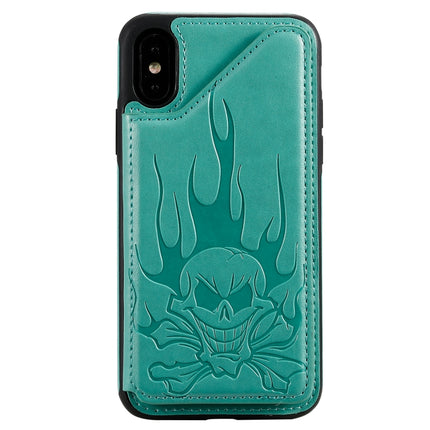For iPhone XS Max Skull Head Embossing Pattern Shockproof Protective Case with Holder & Card Slots & Wallet(Green)-garmade.com