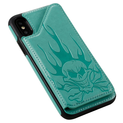 For iPhone XS Max Skull Head Embossing Pattern Shockproof Protective Case with Holder & Card Slots & Wallet(Green)-garmade.com