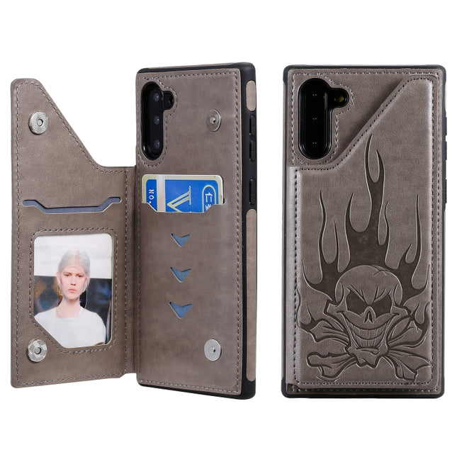 For Galaxy Note10 Skull Head Embossing Pattern Shockproof Protective Case with Holder & Card Slots & Wallet(Grey)-garmade.com