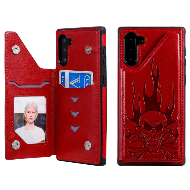 For Galaxy Note10 Skull Head Embossing Pattern Shockproof Protective Case with Holder & Card Slots & Wallet(Red)-garmade.com