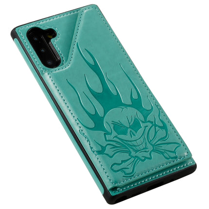 For Galaxy Note10 Skull Head Embossing Pattern Shockproof Protective Case with Holder & Card Slots & Wallet(Green)-garmade.com